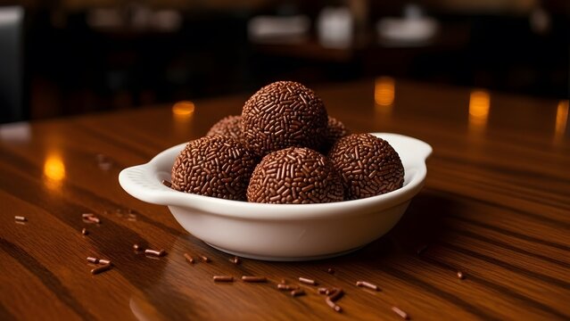 A white bowl filled with several chocolate sprinkles covered brigadeiros on a wooden table surface