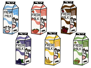 set of six different "Fresh Milk" flavors in hand-drawn, doodle-style cartons. This colorful, playful illustration is ideal for food menus, packaging mockups, and children's designs.
