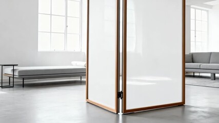 Medium shot of a dualfunction partition frame in a stylish apartment demonstrating easy transformation from openplan living to segmented private areas with minimalist design.