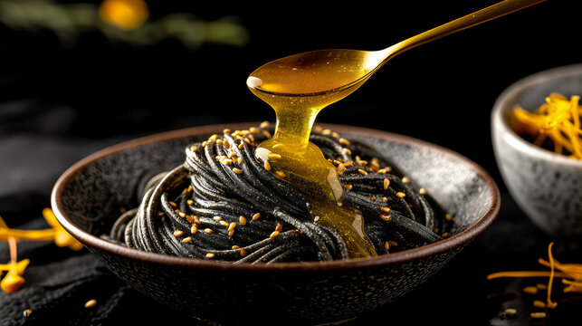 Dark poppy seed noodles with golden olive oil in bowl