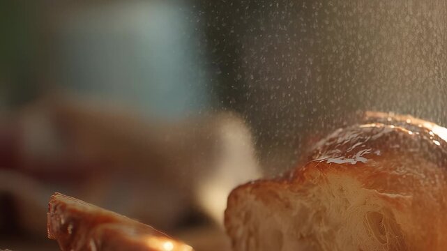 Warm, freshly baked bread rests on a wooden surface, emanating an enticing aroma that fills the air. The crisp crust glistens with a light sheen, inviting excited taste buds to ind