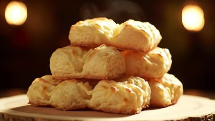 Golden baked pastries stacked in a rustic arrangement, perfect for a cozy cafe or bakery setting