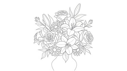 Elegant floral bouquet line art featuring roses lilies and daisies in a vase perfect for wedding invitations and coloring books