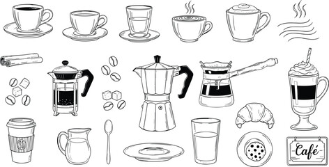 Coffee elements and cafe drink collection hand drawn illustration