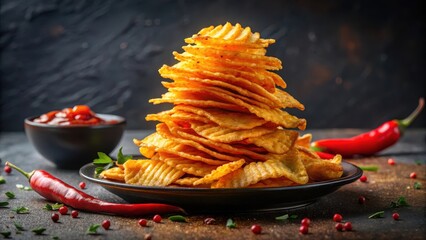 Crunchy chips stacked high on a dark plate