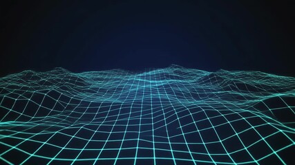 Glowing blue grid pattern with wavy lines on a dark background, creating a futuristic digital landscape with a sense of depth and technology. - Powered by Adobe