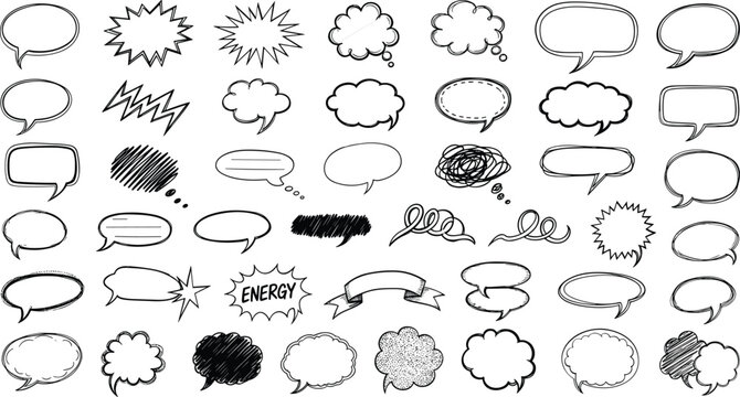 Doodle style dialogue balloons and comic bursts set