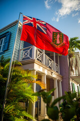 British Virgin Island red ensign flag flying in the foreground of lush tropical palms and traditional colourful Caribbean gingerbread architecture