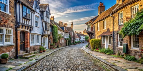 Obraz premium Old cobblestone street in Rye town center with worn stone pavement and traditional buildings, surrounded by historic architecture, traditional buildings , historic buildings
