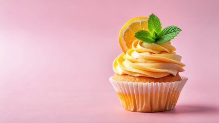 Delicious and colorful cupcake topped with a juicy slice of orange, garnished with a few sprigs of fresh mint leaves on a pastel pink background, cupcakes, desserts