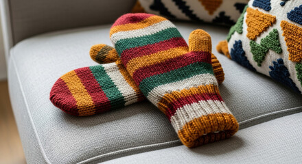 Cozy knitted mittens resting on sofa with colorful pillow. Knitted mittens feature vibrant striped patterns in warm hues, adding charm to living room decor.