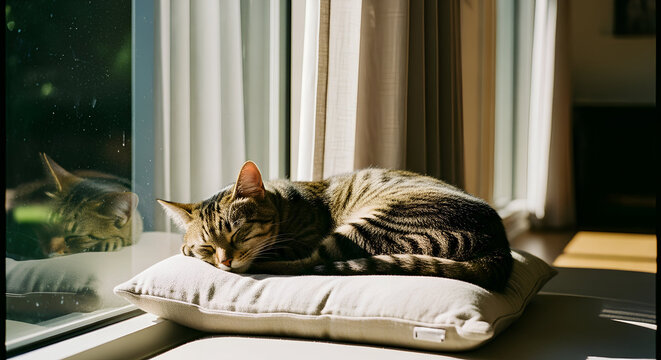 Tabby cat sleeping on a cushion in sunlit room by window