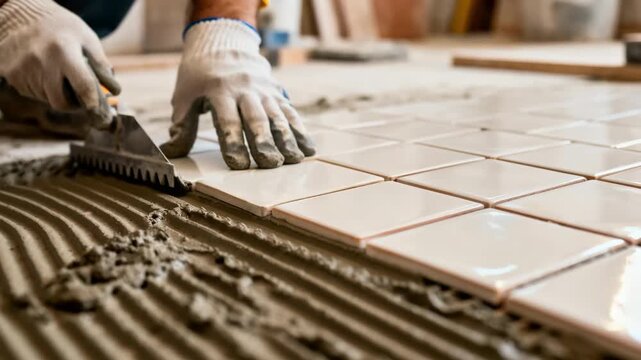 Closeup of hands expertly applying adhesive and placing ceramic tiles on a floor highlighting precision in tile alignment during installation.