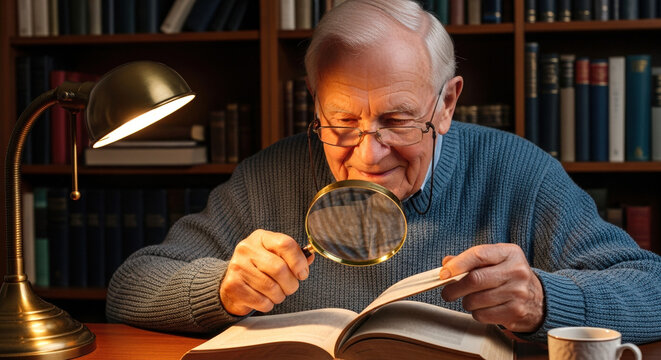 Elderly man using magnifier while reading book at table with warm lamp. Senior man examines text closely with magnifying glass in cozy library setting. Concept for elderly care and reading habits.
