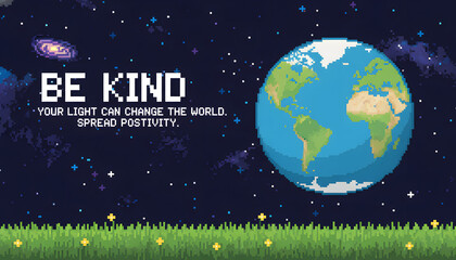 Inspiring pixel art illustration promoting kindness and positivity, featuring a vibrant Earth against a starry cosmic backdrop and a serene green landscape with a powerful message.