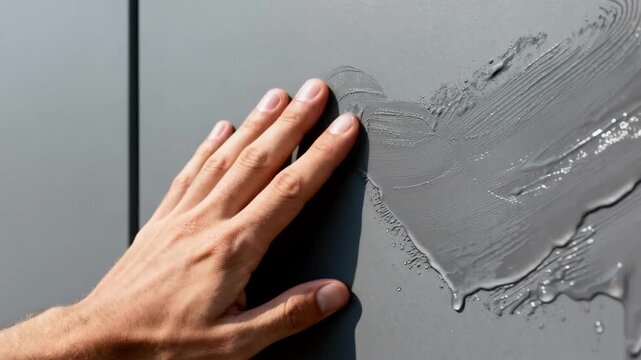 Medium shot of an oleophobic treated surface resisting oily fingerprints and smudges on an outdoor wall highlighting maintenance ease and cleanliness.