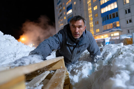 A man struggles to crawl through deep snow in the night, showcasing determination and exertion against cold harshness, illuminated by distant lights in an urban environment.