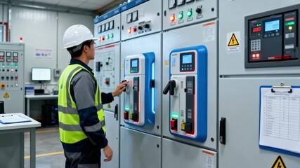 Medium shot of a technician inspecting a modern circuit breaker panel in an industrial control room focusing on upgraded electrical safety measures.