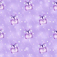Seamless romantic pattern with purple heart keys and love letters on a soft pastel background. Cute hand-drawn design for Valentine’s Day and gifts.