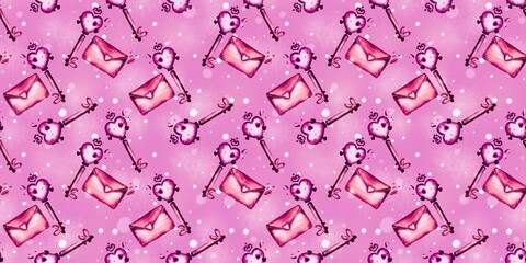 Seamless romantic pattern with heart keys and love letters on a soft pastel pink background. Cute hand-drawn design for Valentine’s Day and gifts.
