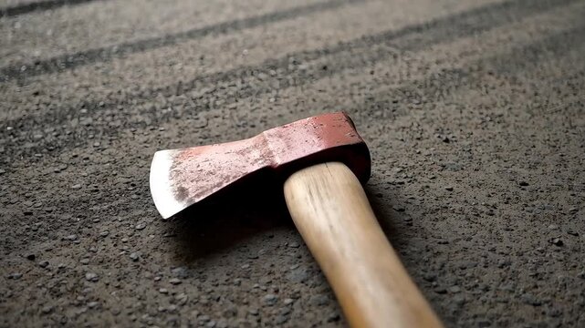 Close-up of a small, rustic hatchet or axe with a wooden handle and red metal head lying on rough