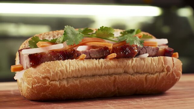Delicious Vietnamese Banh Mi Sandwich with Pork and Fresh Vegetables on Wooden Table