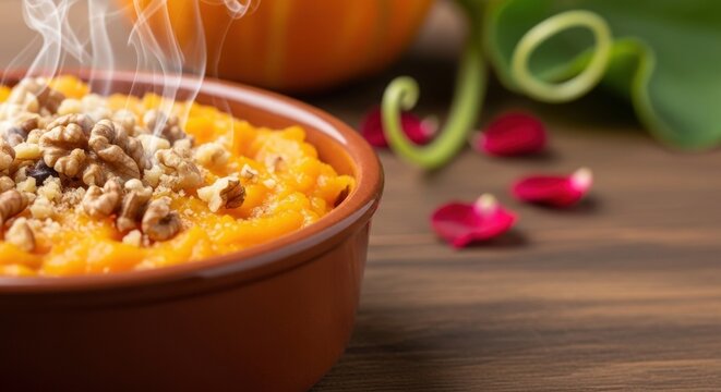 Sweet Bulgarian Tikvena Zabavka &ndash; Steaming Pumpkin Pudding with Walnuts in Ceramic Dish, Festive Orange Hue with Pumpkin Vine & Rose Petal &ndash; Warm Dessert Light, Shallow DOF (f/2.8), Canon EOS R6 Mark 