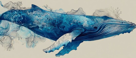 Majestic blue whale artfully rendered with intricate patterns and flowing lines, evoking oceanic wonder and natural beauty.