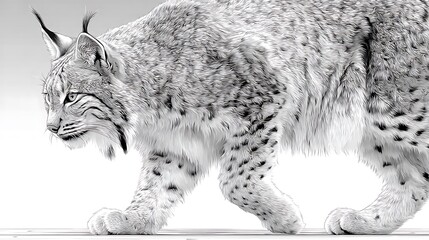 Majestic lynx in profile, a powerful predator's gaze, showcasing its detailed fur texture and stealthy movement against a clean background, evoking wildness and untamed nature