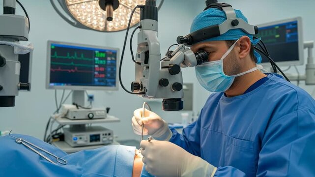 Surgeon performs precise operation in hightech operating room. advancements in medical technology enhance surgical accuracy.