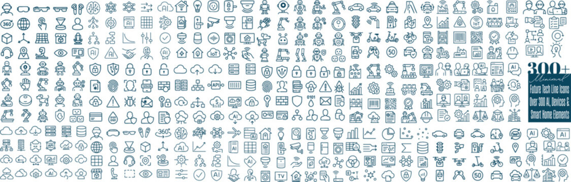 Thin line vector art pack of future tech icons with ai robots, smart home devices, data analytics charts and cloud computing symbols in wide horizontal layout