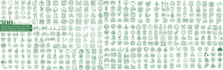 Fototapeta premium Minimal green line icon set of 300 sustainability symbols for eco lifestyle, recycling, renewable energy, esg reporting, climate action and corporate social responsibility infographics