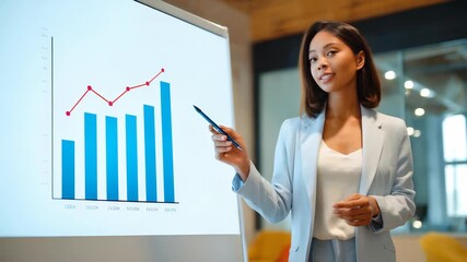 Confident businesswoman presenting financial growth statistics on a digital graph during a corporate meeting. Professional female leader explaining data trends to colleagues in a modern office - Powered by Adobe