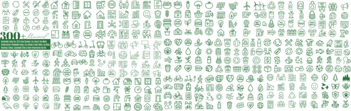 Minimal green line icon set of 300 sustainability symbols for eco lifestyle, recycling, renewable energy, esg reporting, climate action and corporate social responsibility infographics