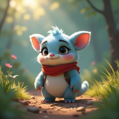 Cute Blue Fantasy Creature in Forest, Adorable Cartoon Character with Red Scarf, Generated AI