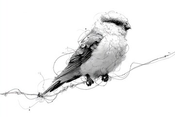 Stunning monochrome sketch captures a detailed bird perched on a whimsical wire, exuding natural elegance and artistic flair for sophisticated designs.