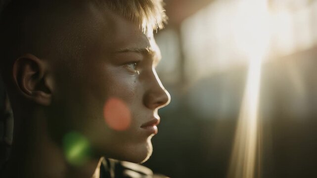 A young boy stands in soft sunlight, creating a warm glow that fills the space around him. The gentle lighting highlights the contours of his ear and the mood feels tranquil and re