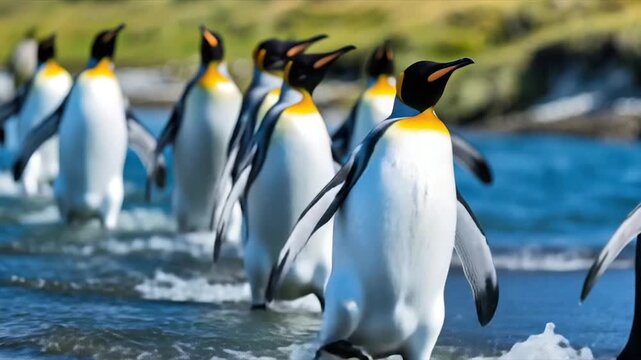 A line of penguins waddling through shallow water near a green grassy shore