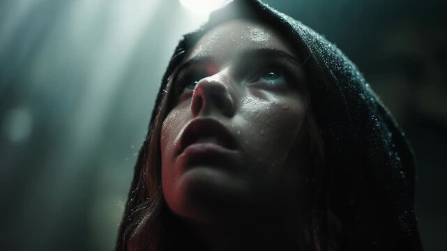 A woman stands amidst beams of soft light, her dark hair glistening with droplets that catch the light. The atmosphere is filled with intrigue and a calm serenity that draws attent
