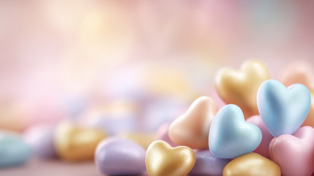 Heart-shaped Chocolates in Soft Pastel Colors on a Blurred Background for Valentines Day Celebration