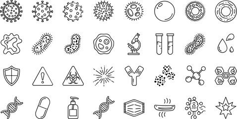 Microbiology virus bacteria health safety icon set