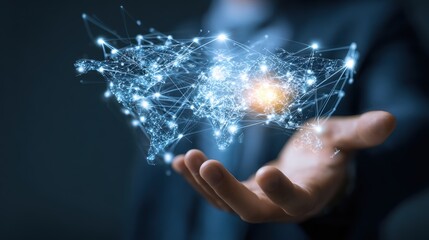 Digital technology, businessman holding Global network connection. Big data analytics and business intelligence. World map point and line composition of global business. innovation, generate by AI