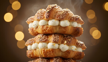 Stack of warm sugar-dusted croissants filled with vanilla cream and gold leaf against a festive bokeh background.