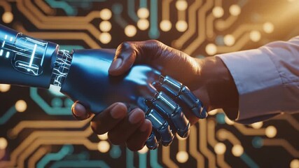 Human hand grips robotic hand against glowing circuit board background Close-up shot captures handshake motion with metallic and organic textures Static camera focuses on interaction - Powered by Adobe
