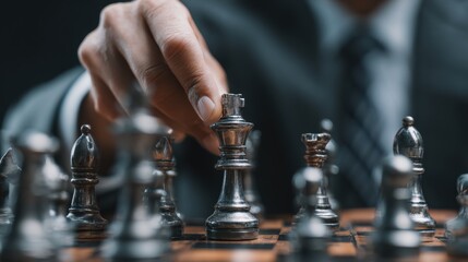 chess battle, victory, success, leader, teamwork, business strategy . business man wear business suit move prepare move king chess pieces, plan strategy lead successful business competition leader.