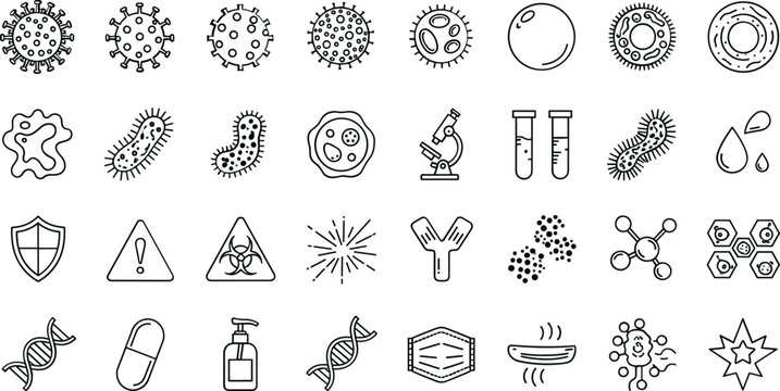 Microbiology virus bacteria health safety icon set