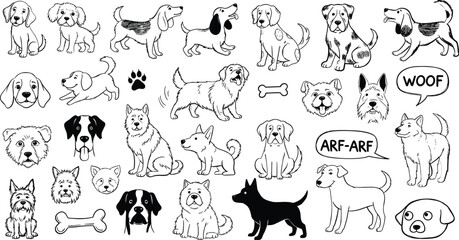 Fototapeta premium Set of diverse dog doodles and paw prints vector art