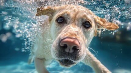 Plakat Funny underwater picture of puppies in swimming pool playing deep dive action training game with family pets and popular dog breeds during summer holidays. recreation, relax, generate by AI