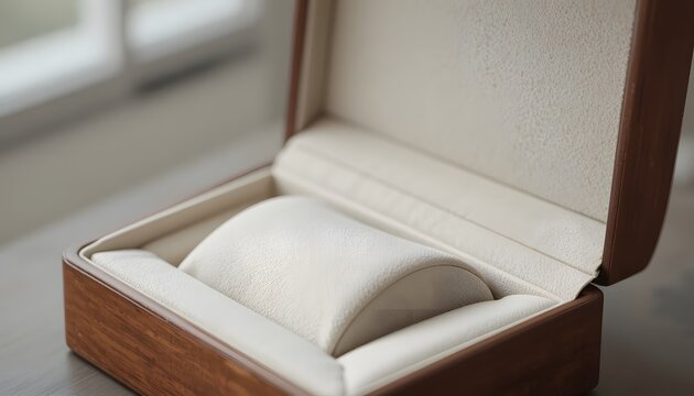 Elegant wooden box interior featuring a plush cushion, perfect for showcasing luxury watches or jewelry in sophisticated product displays and upscale branding