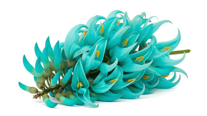 Blue jade vine cluster with rare turquoise petals, isolated on white background, exotic and visually captivating tropical flower.